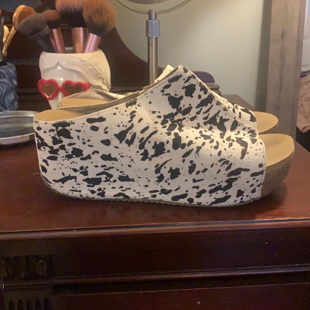 Cow print platform wedges